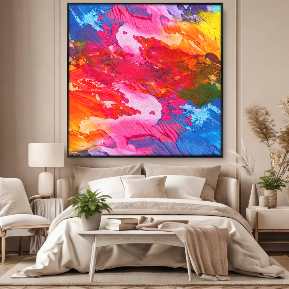 Tablou canvas cu pictura abstracta cu pete de culoare, in rama de aluminiu negru, pe perete intr-un dormitor